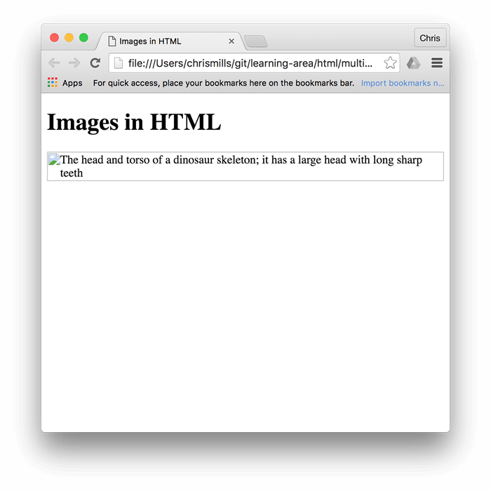 Der Titel "Bilder in HTML", aber dieses Mal wird das Dinosaurierbild nicht angezeigt, und der Alt-Text befindet sich an seiner Stelle.